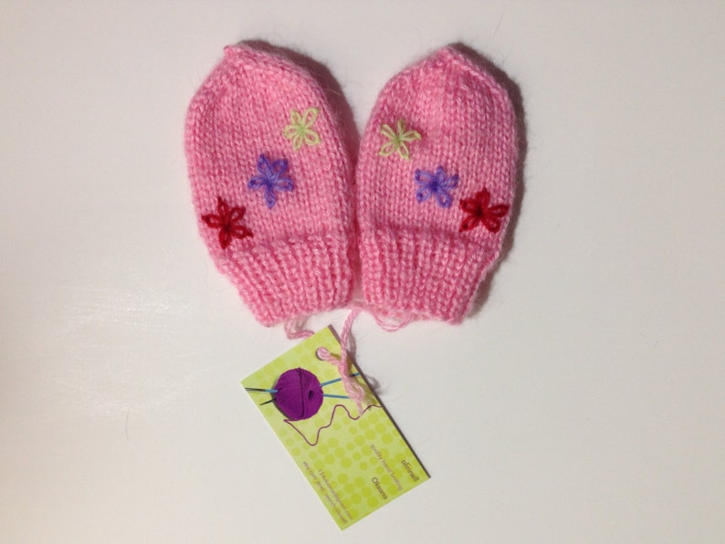 Baby Girl Hand Knit Mittens No Thumb With String Size 612 Months Olds