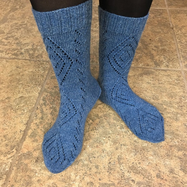 Hand Knitted Socks - Blue merino wool yarn  size 8-9.5 with lace pattern.Ready to ship Christmas gift for Her