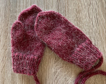 Hand knitted mittens with thumb and string, size for 2 years old. Ready to ship. Winter accessories.