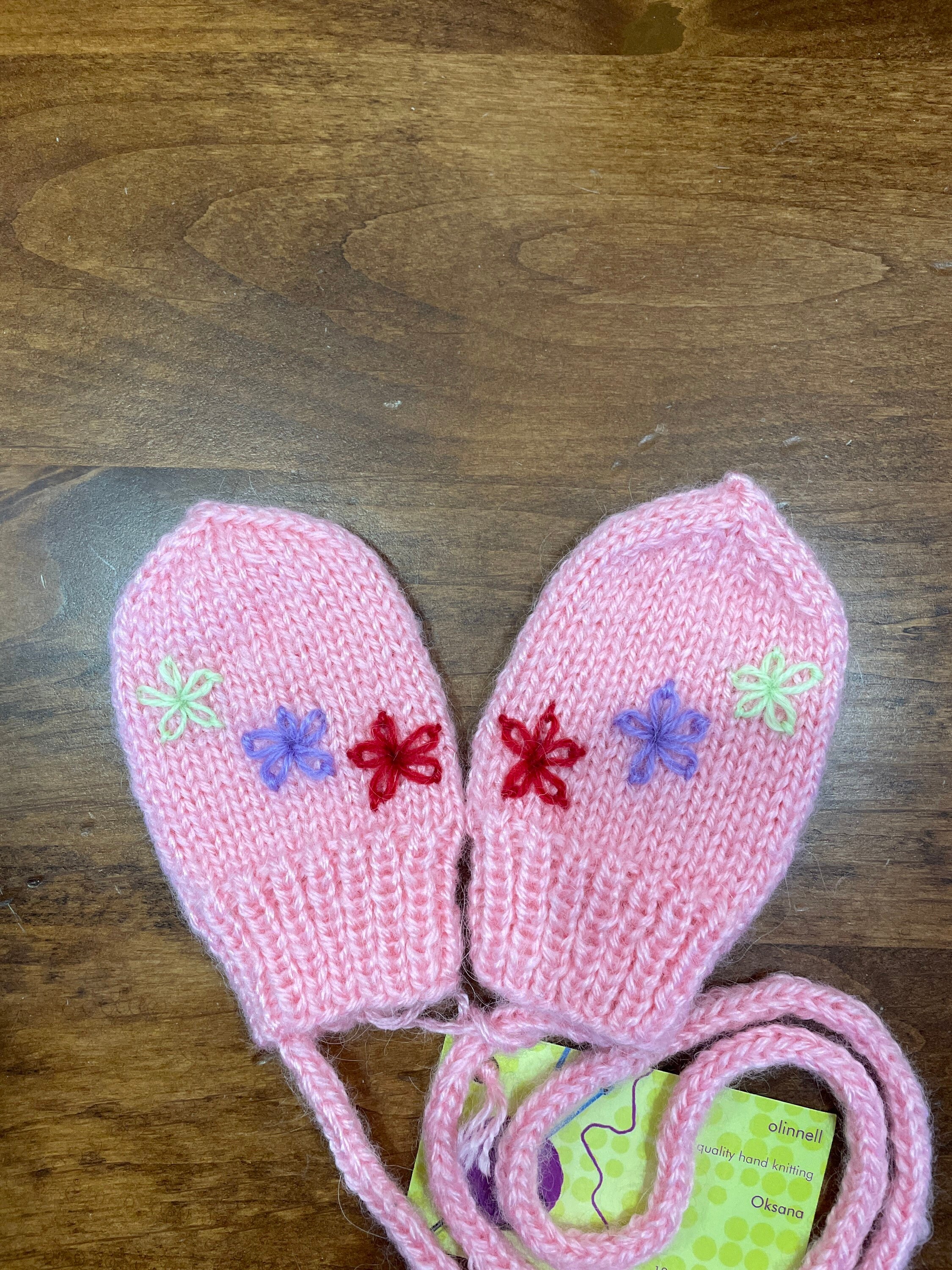 Baby Girl Hand Knit Mittens No Thumb With String Size 612 Months Olds