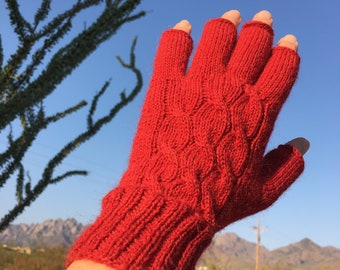 Alpaca Hand Knitted Fingerless Mittens Gloves Women Sise M Red color Warm and nice. Ready to ship!