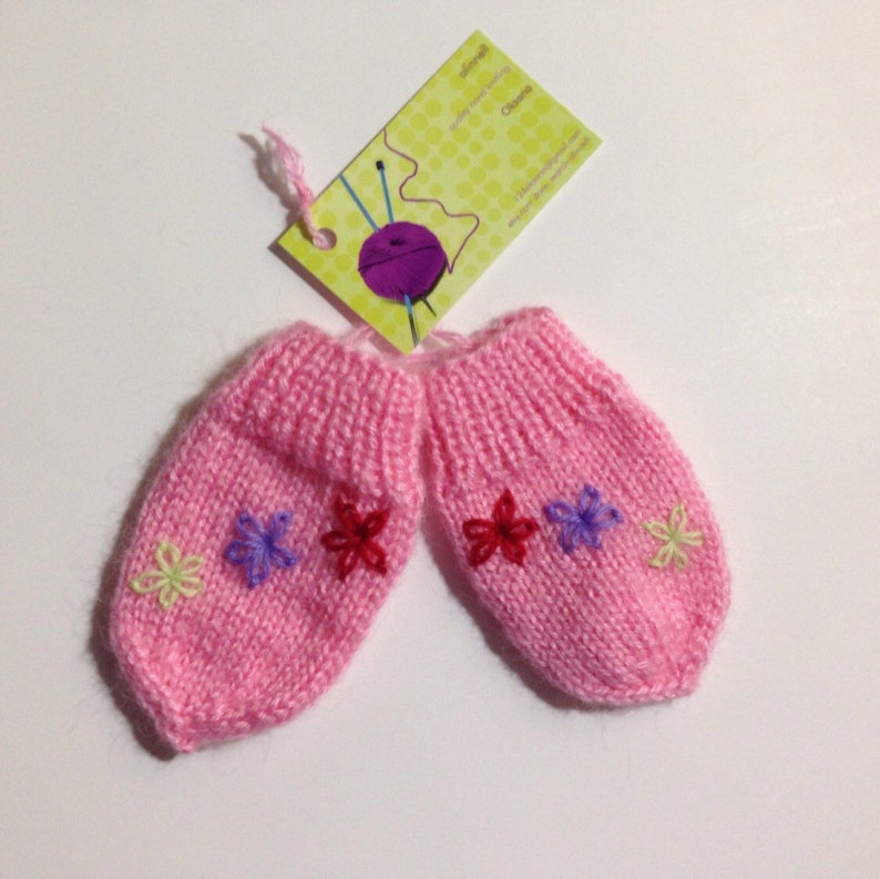 Baby Girl Hand Knit Mittens No Thumb With String Size 612 Months Olds