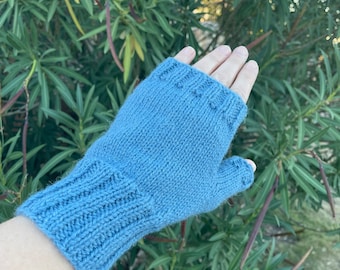 Hand Knitted Fingerless Mittens Gloves Women Size L-XL Blue color Drops alpaca and  Wool Winter accessories gift for her