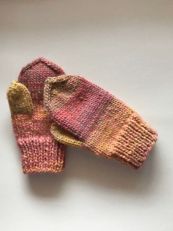 Hand Knitted Wool Mittens With Thumb For 2 Years Old Ready To Ship Thick Wool Mittens For Baby Toddler Kids