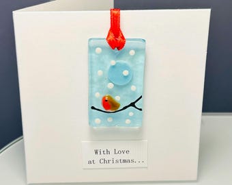 Fused Glass Robin Hanging Christmas Card