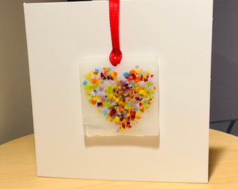 Fused Glass Greeting Card - Rainbow Heart Hanging