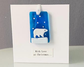 Fused Glass Polar Bear Hanging Christmas Card