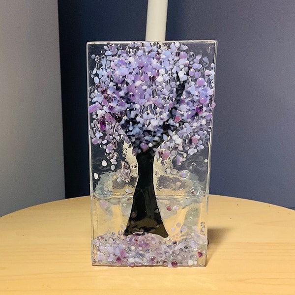 Fused Glass  Tree Tealight Holder - Purple