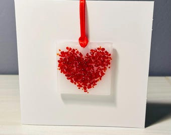 Fused Glass Greeting Card - Love Heart Hanging