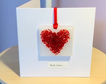 Fused Glass Greeting Card - Love Heart Hanging