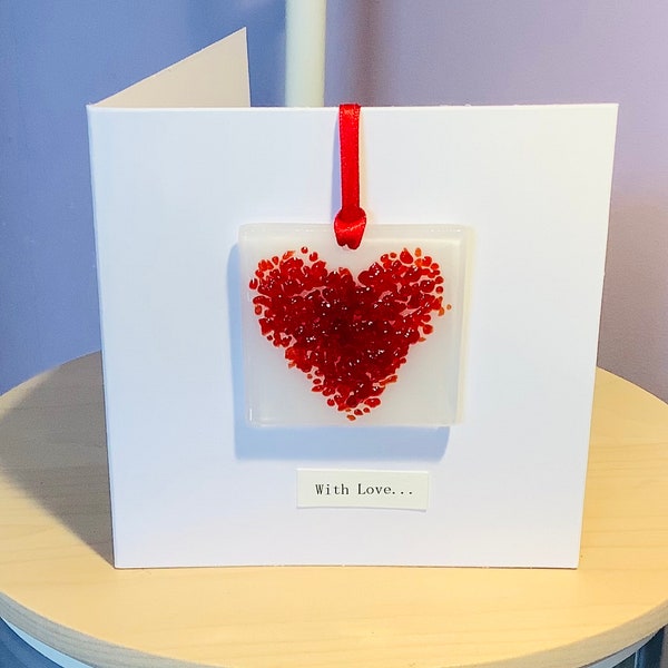 Fused Glass Greeting Card - Love Heart Hanging