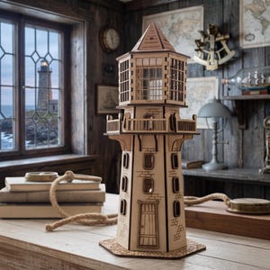 May include: A laser-cut wooden model of a lighthouse featuring a hexagonal base, a central door, multiple small windows, a railed gallery deck, and a lantern room at the top. The structure is crafted from light-colored wood with dark brown edges.