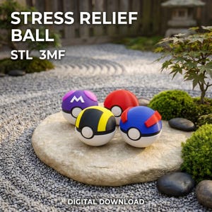 May include: Four spherical stress relief balls featuring designs inspired by Poké Balls, including a purple one with an M, a red one, a yellow and black one, and a blue one with red accents. The text STRESS RELIEF BALL STL 3MF DIGITAL DOWNLOAD is visible.