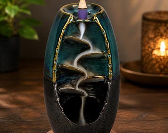 Blue Ceramic Waterfall Incense Burner Set with Cones and Sticks