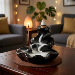 Beige Ceramic Backflow Incense Burner, Waterfall Holder for Zen Decor