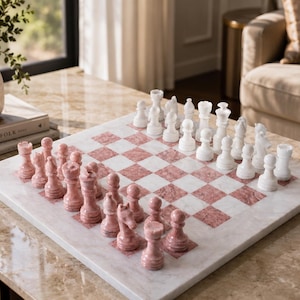 Pink and White Marble Chess Set - Handmade 12 Inch Luxury Chess Board with Stone Pieces