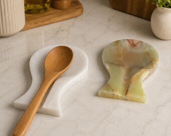 Groene onyx marmeren lepelsteun voor keuken | Handgemaakte stenen lepelhouder | Natuurlijke onyx houder voor keukengerei | Luxe aanrecht keukendecoratie cadeau
