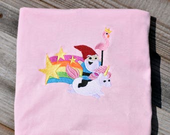 Unicorn Shirt - Rainbow Gifts - Gnome Elf - Whimsical dress - Embroidered t-shirt - Fairytale Folklore Horse - Magical Ride - Garden Gnome