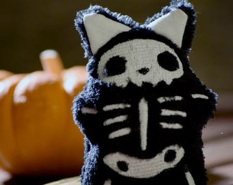 Glow Kitty Cat Skeleton Plushie - Goth Skelly Stuffie - Halloween Plush Candy Alternative - Baby Halloween - Spooky Skele Bones - Glowing