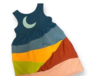 Organic moon toddler dress, size 3T, ready to ship, OOAK, natural landscape moonrise, sensory soft, custom made, cotton comfortable dress.