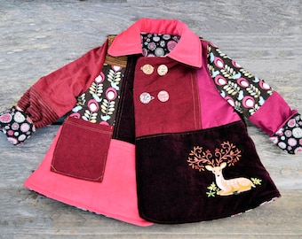 Patchwork Jacket - Corduroy Coat - Velour Upcycled pea coat - Woodland Girls baby deer - Toddler embroidered - Customizable personalized