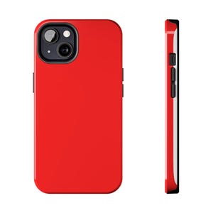 May include: A bright red smartphone case shown from the back and side. The back view displays a dual-camera cutout with a black border, while the side view reveals black button covers and a slim profile for a mobile device.