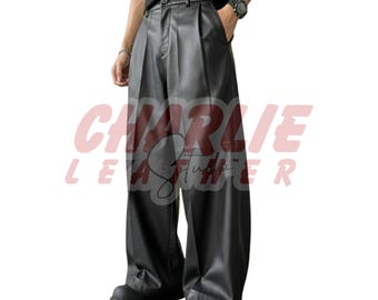 Männer Lederhose mit weitem Bein Plissee Loose Fit Hoch taillierte Oversized Hose Benutzerdefinierte Größe