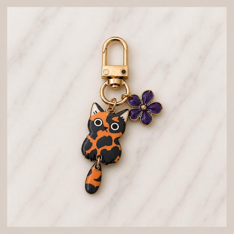Puede incluir: Un llavero de metal dorado que presenta un dije colgante de un gato carey con esmalte negro y naranja, un dije separado de una flor morada con centro dorado y un cierre de mosquet&oacute;n en la parte superior para una fijaci&oacute;n segura.