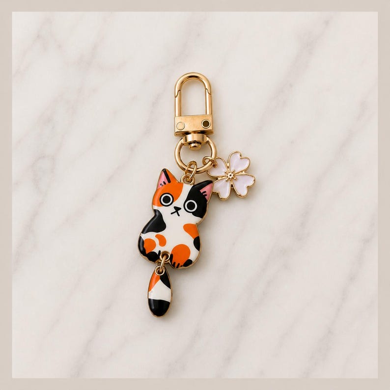 Puede incluir: Un llavero de metal dorado con un dije de gato calic&oacute; con parches de esmalte naranja, negro y blanco. El gato tiene una pieza de cola colgante separada y se acompa&ntilde;a de un peque&ntilde;o dije de flor blanca de cinco p&eacute;talos con centro dorado.