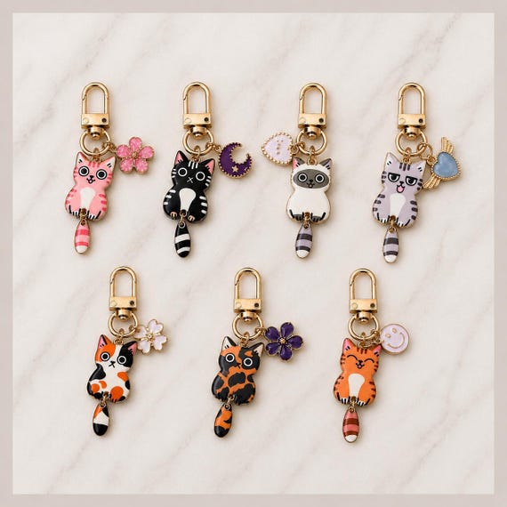 Cute Cat Keychain, Handmade Cat Bag Charm, Kawaii Kitty Keyring, Unique Cat Purse Charm, Gift for Cat Lovers, Backpack Accessory