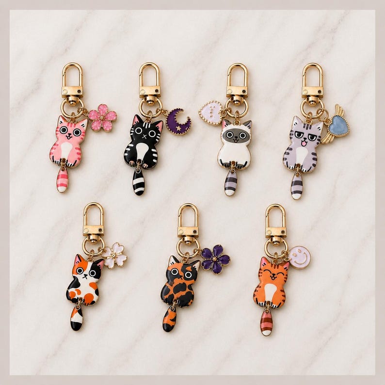 Puede incluir: Seis llaveros de metal dorado con dijes de gato de esmalte en varios colores y patrones, incluyendo rosa, negro, siam&eacute;s, gris, calic&oacute;, carey y atigrado naranja, cada uno acompa&ntilde;ado de un peque&ntilde;o dije decorativo como una flor o una luna.