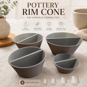 Puede incluir: Un conjunto de cuatro herramientas cónicas grises para dar forma a bordes de cerámica. Las herramientas son cónicas con un divisor central. El texto en la imagen dice POTTERY RIM CONE, RIM SHAPING & FORMING TOOL y 4 SIZES AVAILABLE.