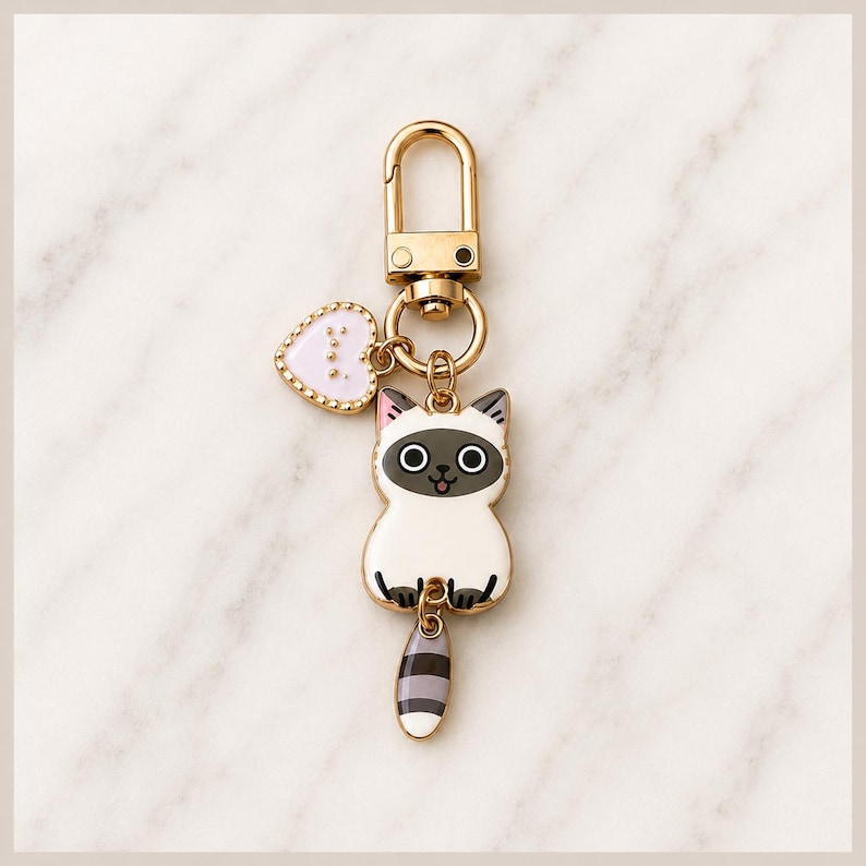 Puede incluir: Un llavero de metal dorado con un dije de gato siam&eacute;s de cuerpo color crema, cara marr&oacute;n oscuro y cola a rayas. Unido al gato hay un peque&ntilde;o dije en forma de coraz&oacute;n rosa claro con puntos dorados a lo largo de su borde festoneado.