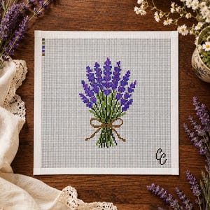 Lavender Bundle Needlepoint Canvas | Hand-Painted Cottage Garden Design