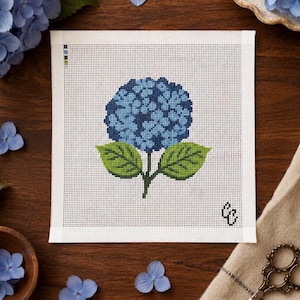 Blue Hydrangea Needlepoint Canvas | Hand-Painted 13 Mesh Canvas | Beginner Needlepoint | Cottage Garden Floral | 6x6 Finished Design