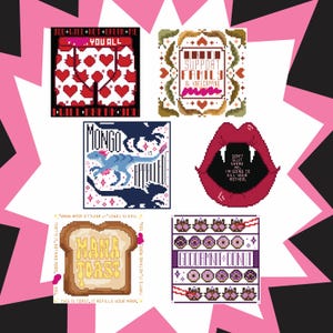 Op de afbeelding: Een verzameling pixelkunstwerken met verschillende ontwerpen. Eén toont harten en de tekst "YOU ALL". Een andere zegt "SUPPORT FAMILY & KNEECAPPING". Andere ontwerpen zijn onder meer een dinosaurus, een sneetje toast, een mond met hoektanden en donuts.