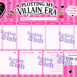 May include: A pink weekly planner sheet with vertical stripes, featuring the text PLOTTING MY VILLAIN ERA. It includes sections for days of the week, notes, a to-do list, a habit tracker, and a villain energy tracker with skull icons.