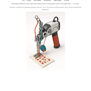 May include: A tufting gun with a silver and black body and a red ribbed handle. The device features a vertical orange yarn guide, a blue yarn threader, and a small ball of teal yarn. It is shown stitching orange and white tufts into a white fabric.