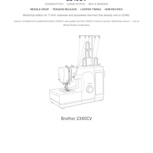 Op de afbeelding: Een wit papieren document getiteld THREADING + SERVICE SHEET voor de BROTHER 2340CV coverstitch-machine. Het bevat technische tekst, een lijntekening van de naaimachine met garenklossen en de tekst Brother 2340CV onderaan de pagina.