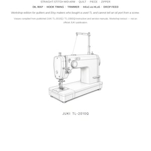 以下が含まれることがあります： JUKI TL-2010Q、TL-2000Qi、TL-18QVPミシン用のフィールドエンジニアマニュアル。この文書にはミシンの技術的な線画が掲載されており、オイルマップ、フックタイミング、トリマーの仕様に関するテキスト見出しが含まれています。