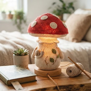 May include: A mushroom-shaped table lamp featuring a red crocheted cap with white spots and a cream-colored crocheted stem. The stem is decorated with an embroidered snail and green leaves. The lamp sits on a round wooden base with a power cord.
