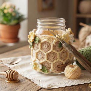 May include: A clear glass jar wrapped in a beige and yellow crocheted honeycomb pattern cover, decorated with small crocheted flowers and green leaves. A metal crochet hook rests against the jar, accompanied by a wooden honey dipper and yarn.