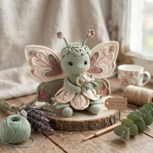 May include: A crocheted doll shaped like a fairy with sage green skin, large wings featuring pink and cream leaf-like patterns, and a skirt made of layered petals. The doll holds a small flower and has a tag labeled HANDMADE PATTERN.