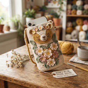 以下が含まれることがあります： クマの顔と花冠、ピンク、白、黄色の花と緑の葉のブーケがあしらわれたクリーム色のクロッシェ編みスマホケース。黄色いストラップと小さなハチのチャームが付いています。タグにはHoney Petal Phone Sleeveと書かれています。
