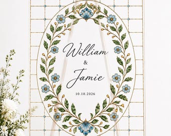 Plantilla de letrero de bienvenida para bodas con diseño floral en vitral, 20 x 30 pulgadas, imitación de vidrio, diseño editable en Canva.