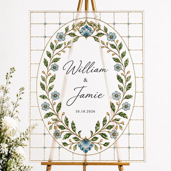Plantilla de letrero de bienvenida para bodas con diseño floral en vitral, 20 x 30 pulgadas, imitación de vidrio, diseño editable en Canva.