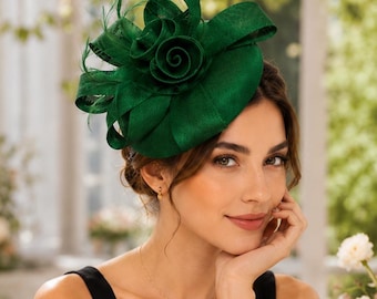 Elegant Emerald Green Fascinator Hat, Kentucky Derby Hat, Wedding Guest Headpiece, Royal Ascot Fascinator, Tea Party Church Hat
