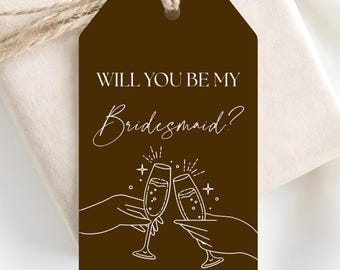 Labels 'Wil je mijn bruidsmeisje zijn?' - Chocoladebruine labels voor het aanzoek aan je bruidsmeisje - Aanpasbare champagnelabels voor het bruidsgezelschap - Gedrukt en verzonden