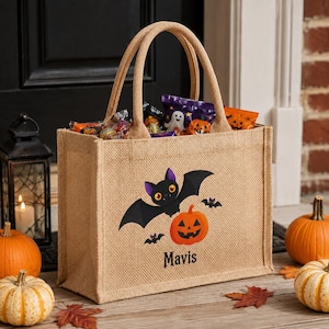 Custom Halloween Jute Candy Bag: Personalized Name Text, Moisture-Resistant PE Lining, Canvas Panel Or Rope Closure, Size And Design Options