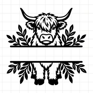 May include: A black and white graphic design featuring a Highland cow head with long horns and shaggy fur, positioned above and below a horizontal split frame. The design is accented with leafy branches on both sides of the central open space.
